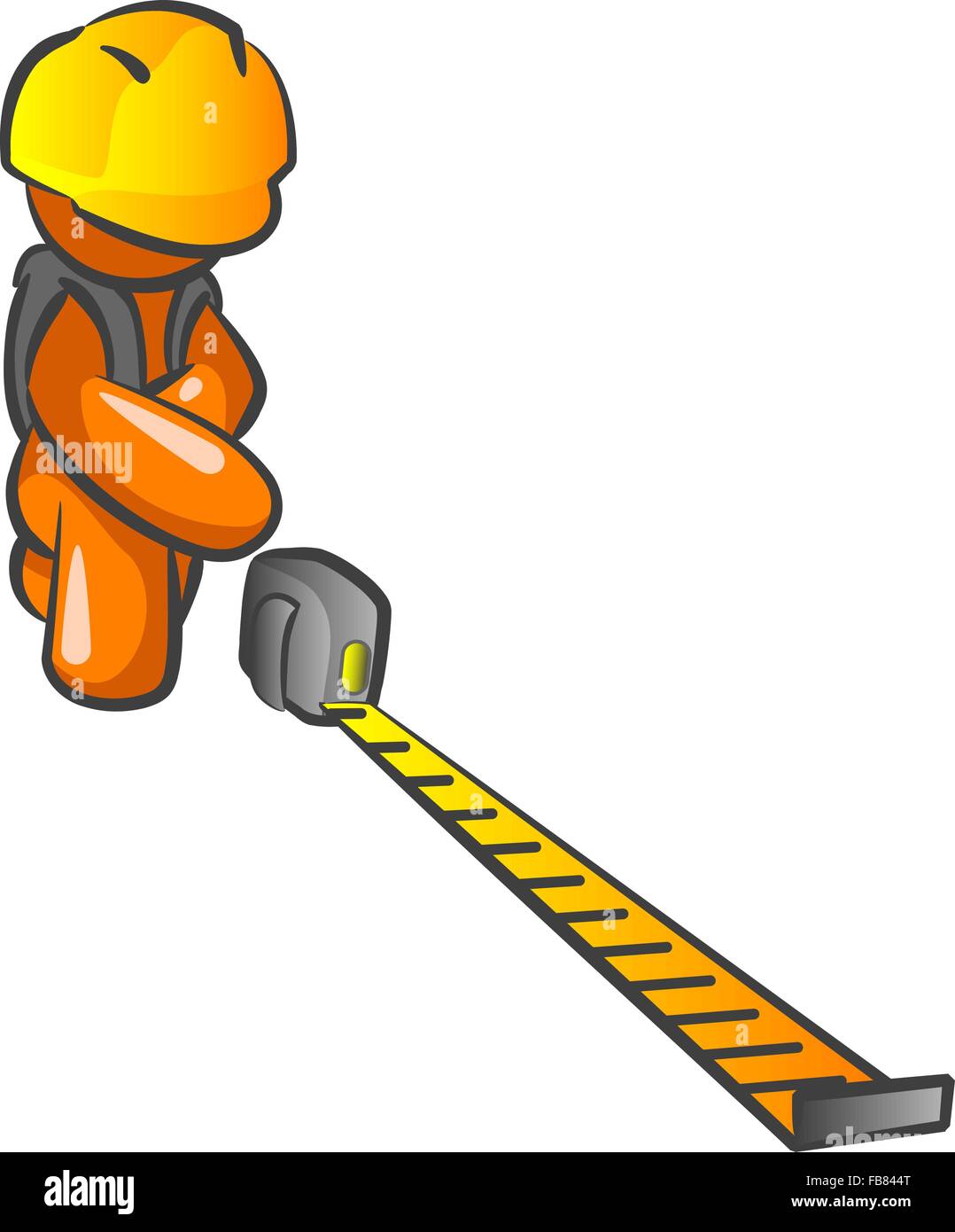 An orange man construction worker holding out a tape measure and measuring something on your design. Stock Vector