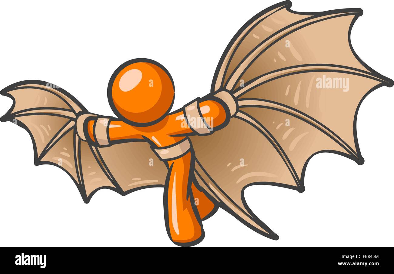 An orange man using a flying contraption he invented, in the style of old da vinci type drawings. Stock Vector