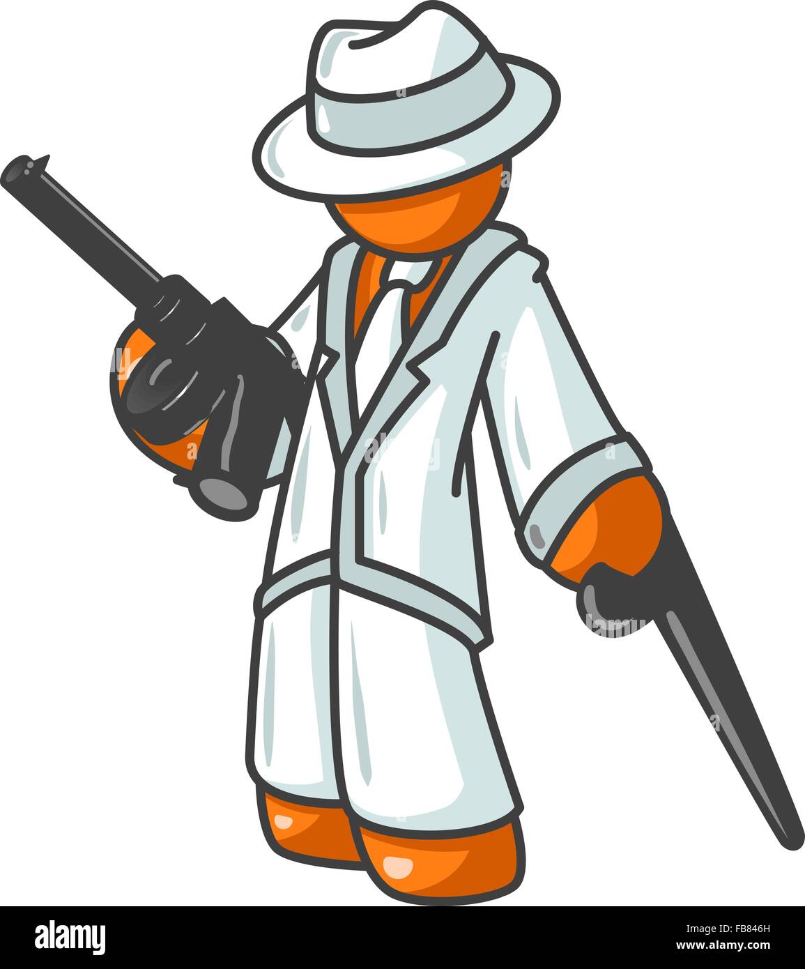 An orange man holding a tommy gun with a white suit on. Can probably be considered an old fashioned gangster. Stock Vector