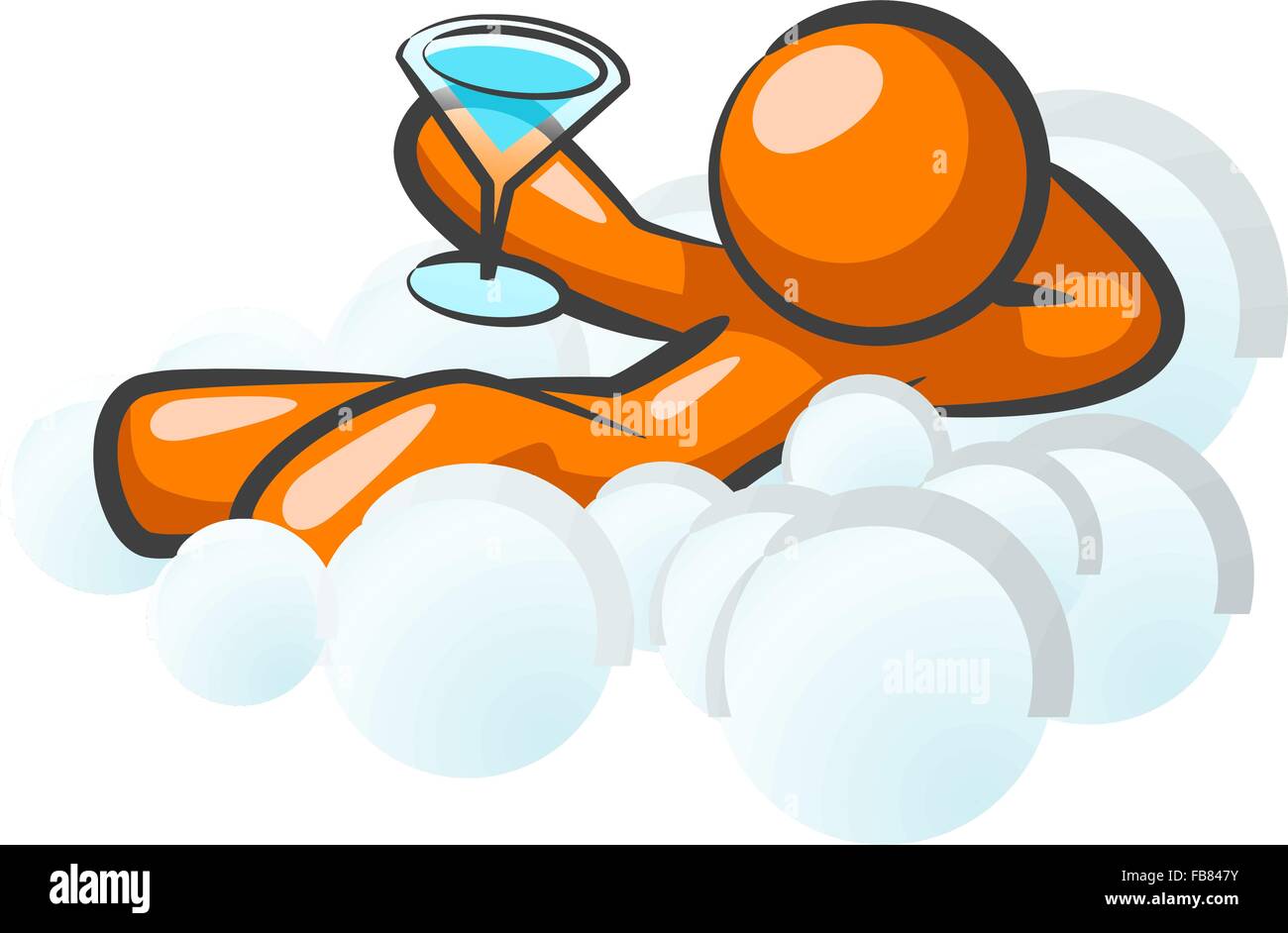 An orange man sitting in the clouds, holding a drink, happy. Stock Vector