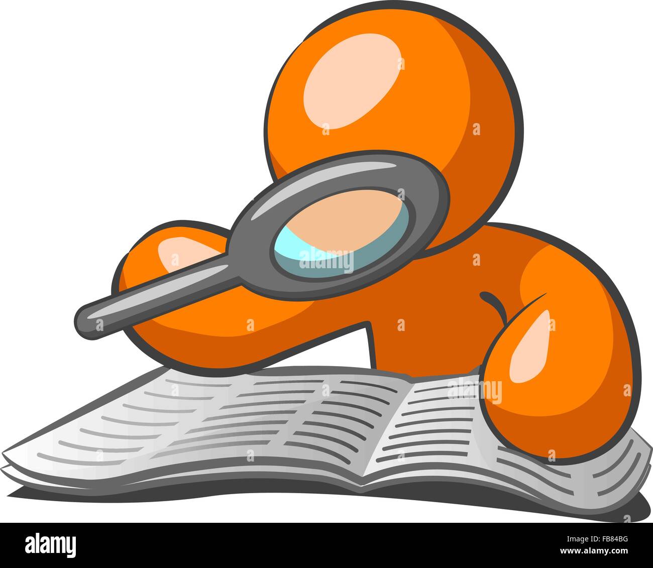 Orange man browsing the want ads, looking for a job in this very challenged economy. He's using a magnifying glass!. Stock Vector