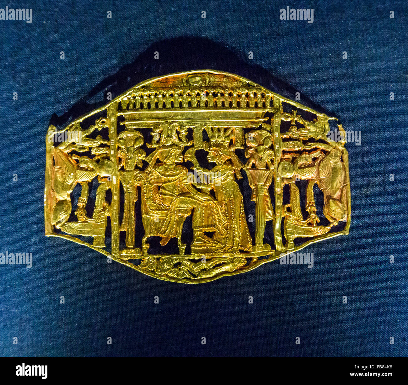 openwork gold buckle from a harness from the tomb of Tutankhamun at the Egyptian Museum, Cairo, Egypt Stock Photo