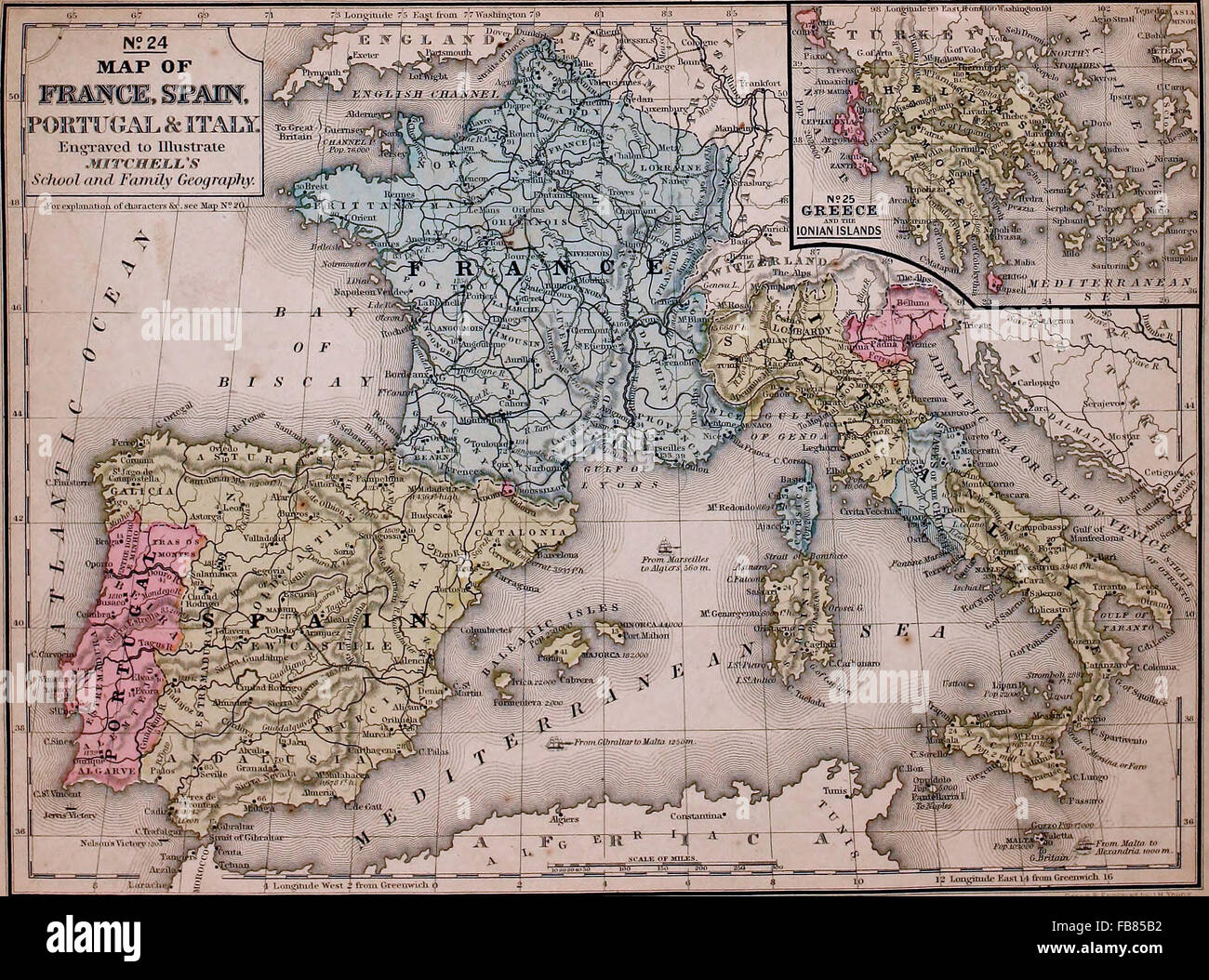 Map of France, Spain, Portugal and Italy with a Greece inset, circa 1861 Stock Photo