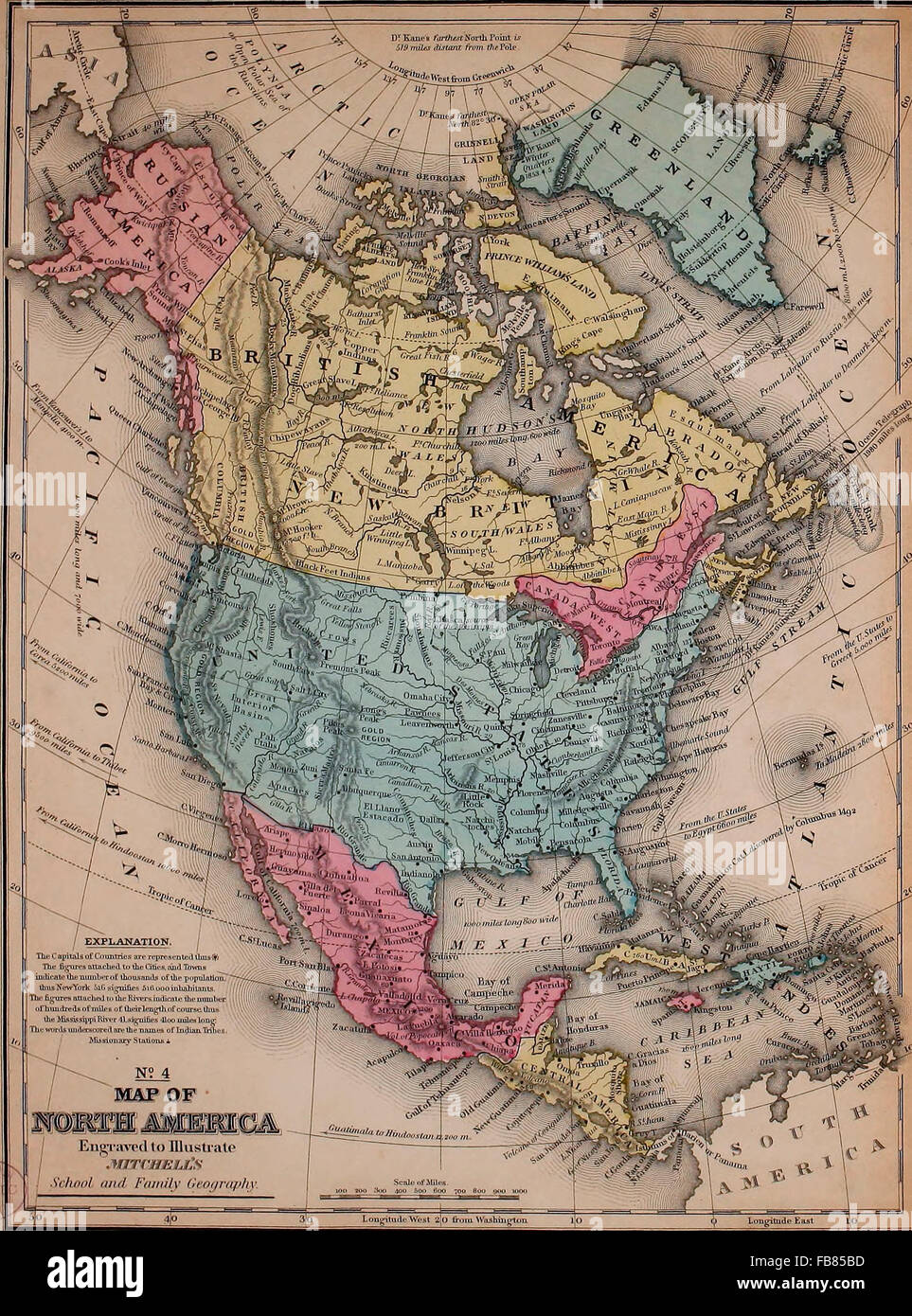 Map of North America, circa 1861. Map shows Alaska as Russian America Stock Photo