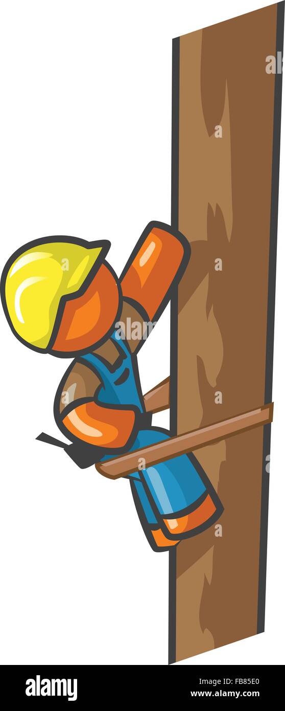Orange man electrician climbing a telephone pole. Stock Vector