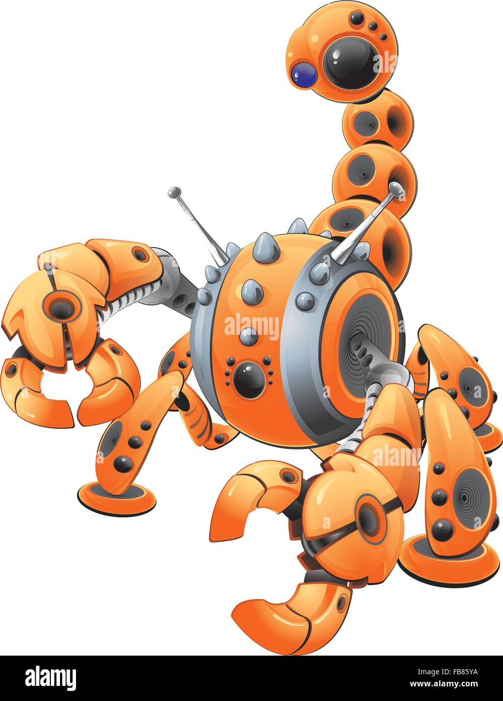 A vector illustration of a large orange scorpion robot in an attack pose. Made to represent spyware. Created as part of a "cyber. Stock Vector