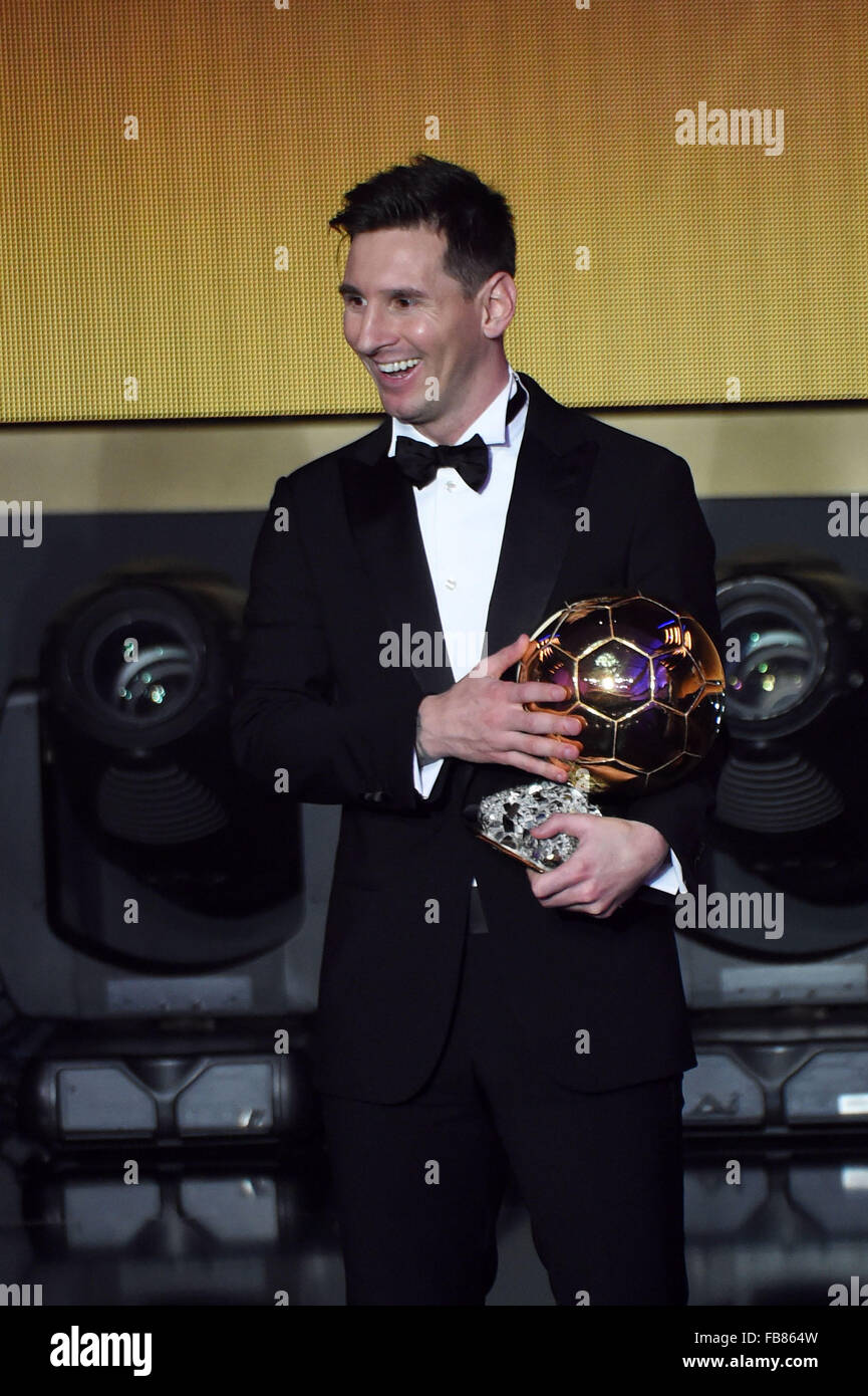 Zurich, Switzerland. 11th Jan, 2016. Lionel Messi Football/Soccer : Lionel  Messi celebrates after receiving the FIFA Ballon d'Or trophy during the  FIFA Ballon d'Or 2015 Gala at Kongresshaus in Zurich, Switzerland . ©