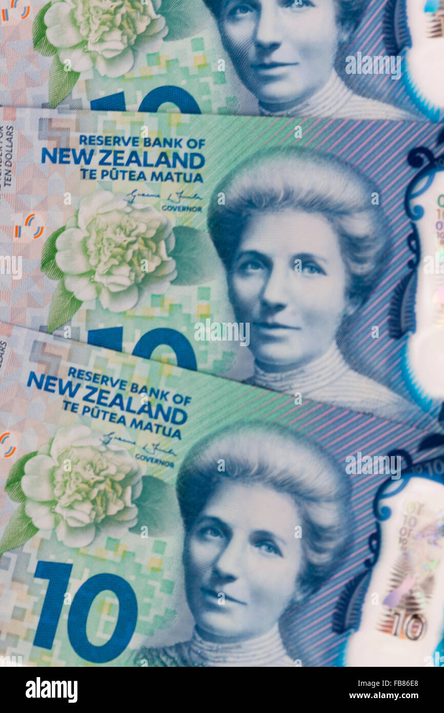 Kate Sheppard  on new updated  ten dollar $10  New Zealand  kiwi bank notes NZD Stock Photo