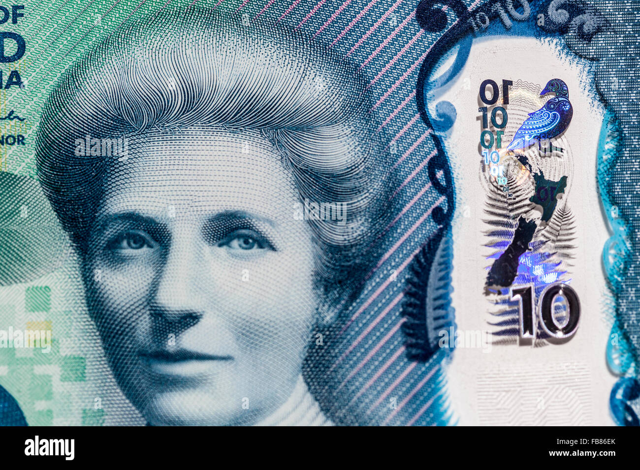 Kate Sheppard on new updated  ten kiwi dollar $10  New Zealand  bank note NZD Stock Photo