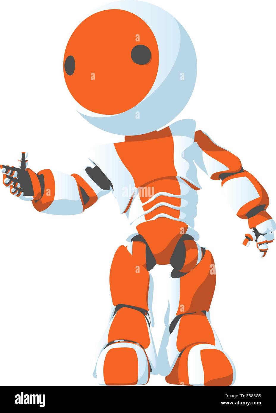 A bright orange cartoon robot posed in an inviting, attractive manner