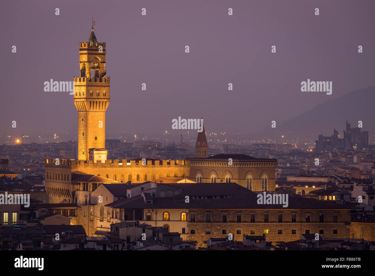 Palazzo Vecchio at night, Florence, Tuscany, Italy Stock Photo
