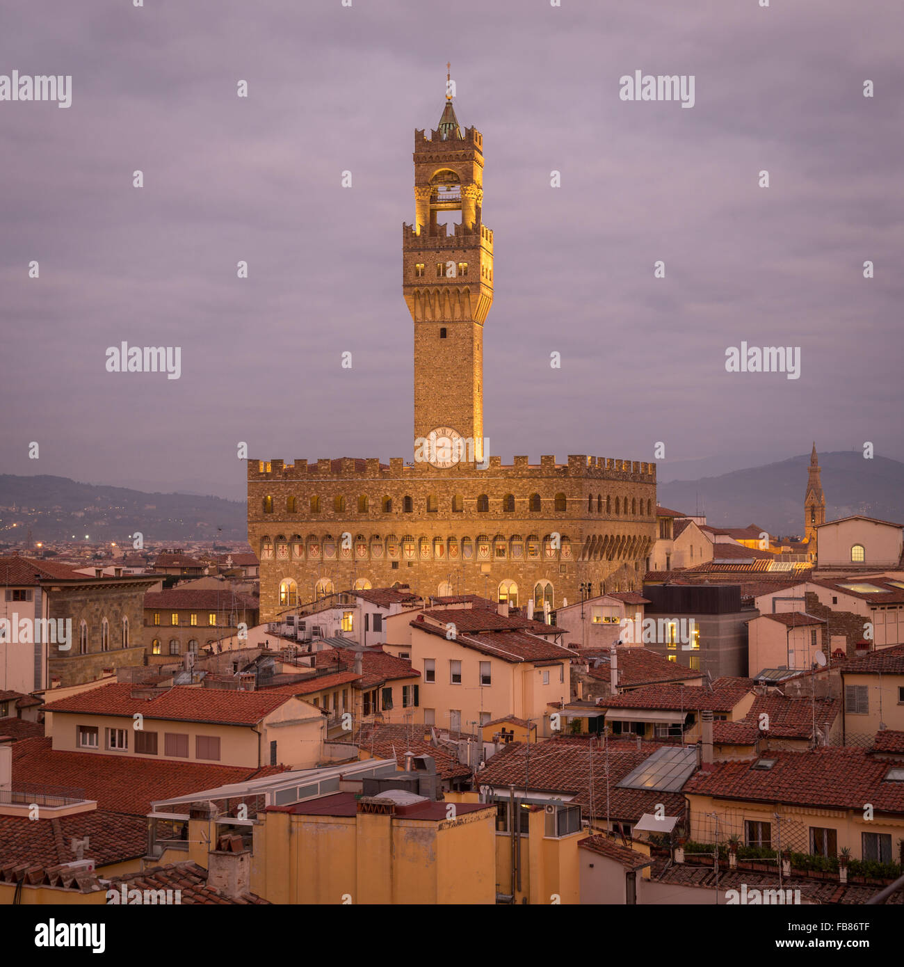 Palazzo Vecchio at dusk, Florence, Tuscany, Italy Stock Photo