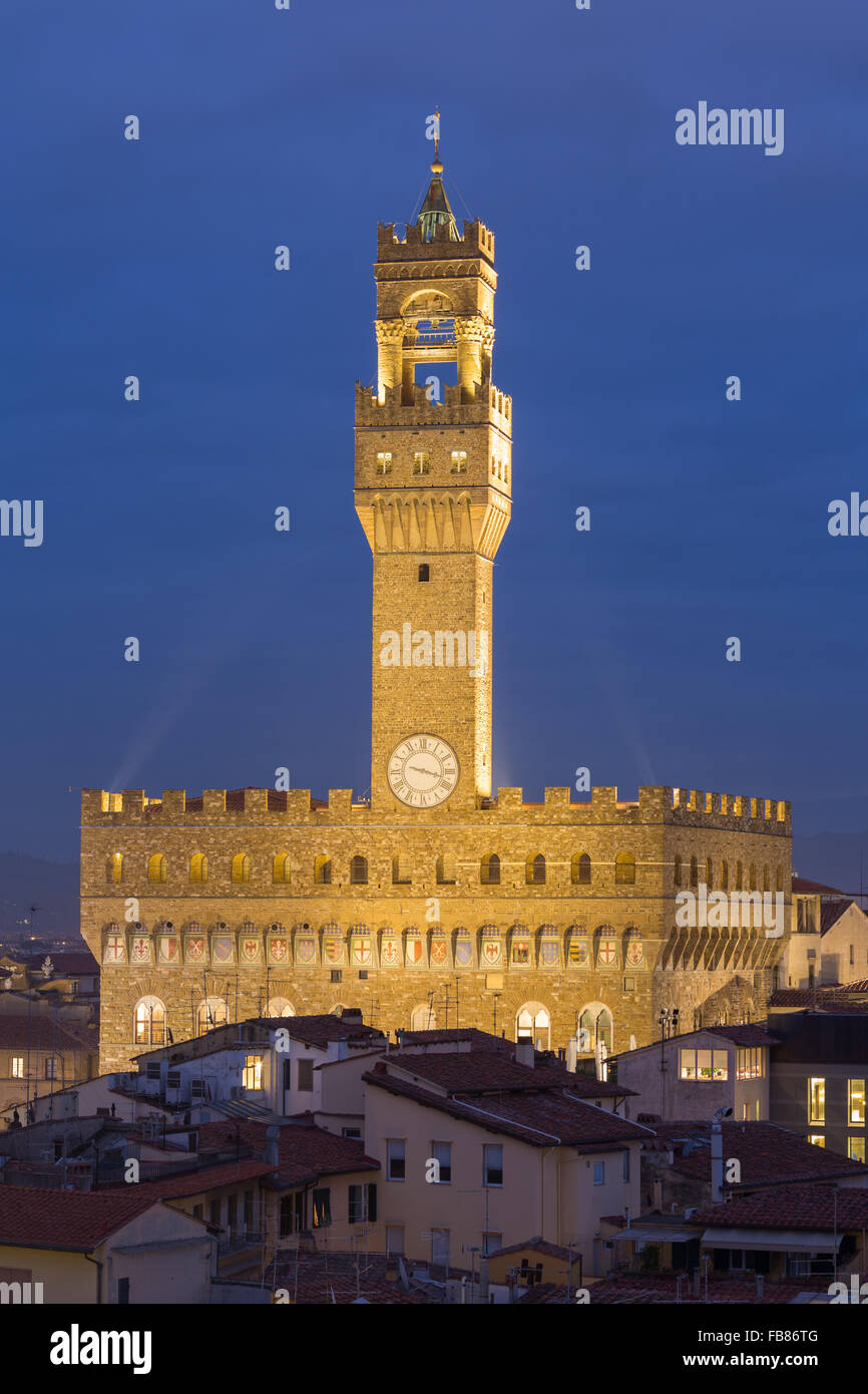 Palazzo Vecchio, Blue Hour, Florence, Tuscany, Italy Stock Photo