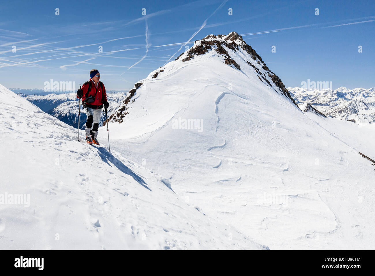 Ski tourer, ascent to the Finail summit, behind the Finailköpfe, Val Senales, Meraner Land, Alps, South Tyrol Province Stock Photo