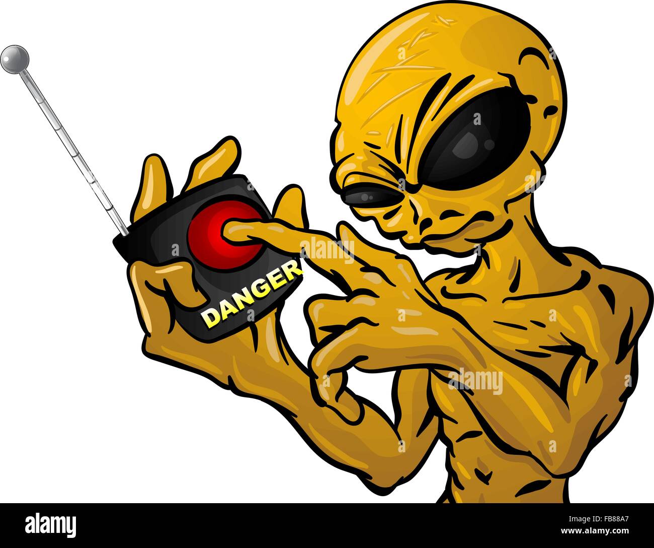 An Alien Holding A Remote Ready To Push A Button With The World Danger Written Under It Is He Going To Blow Up The Earth Stock Vector Image Art Alamy