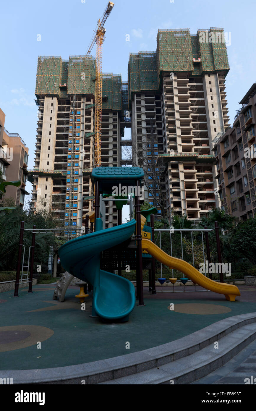 High-rise residential buildings are constructed block by block in a typical gated community in China in which typical complexs h Stock Photo