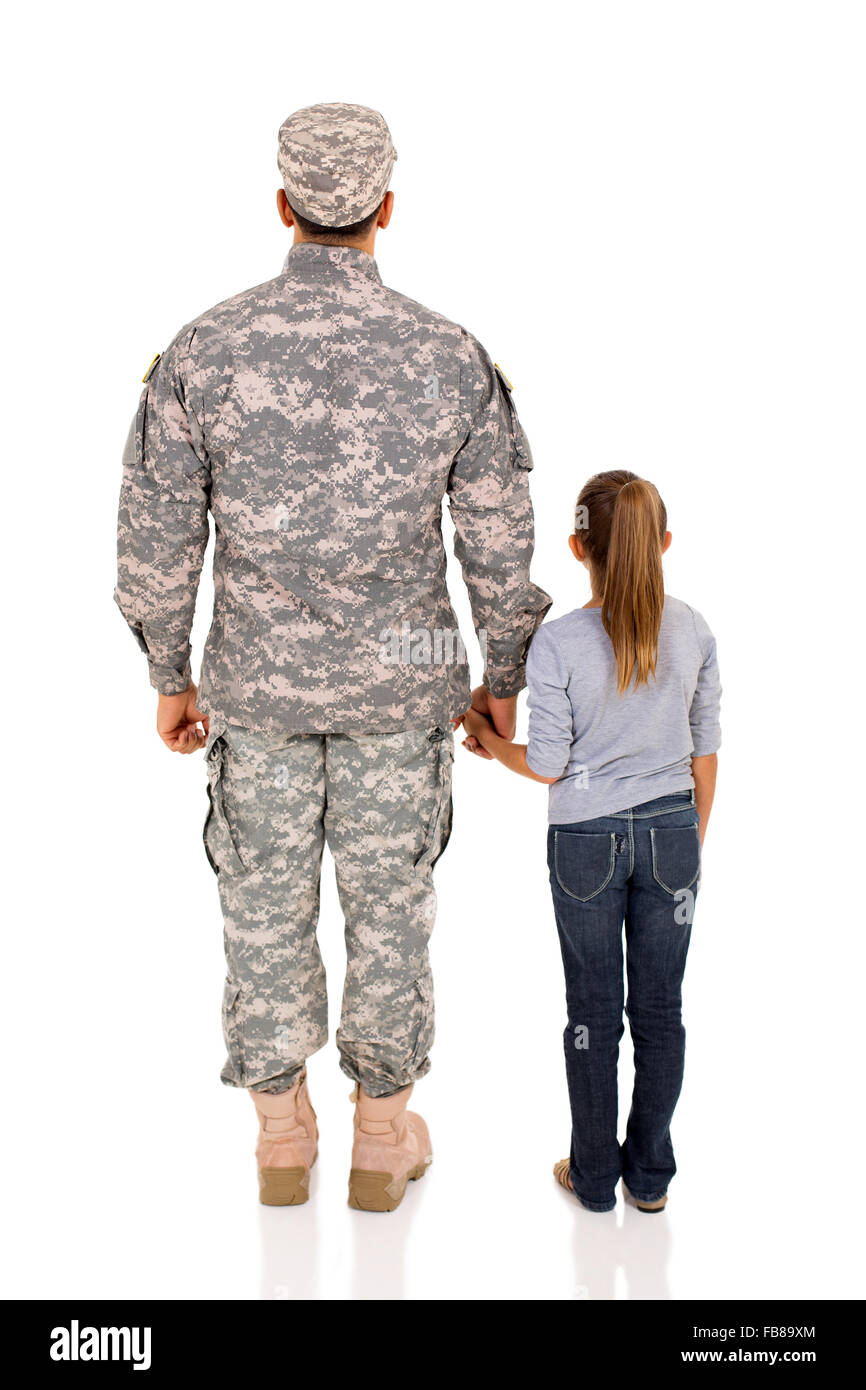 rear view of military man and daughter on white background Stock Photo