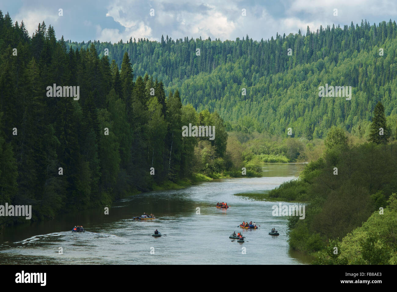 Mountains river and rafts Stock Photo