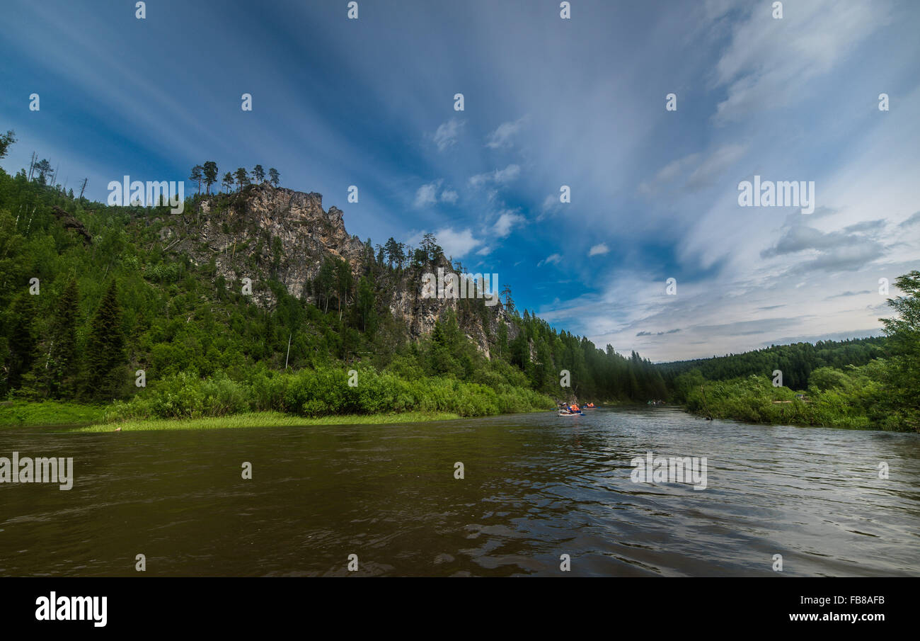 Mountains river and rafts Stock Photo