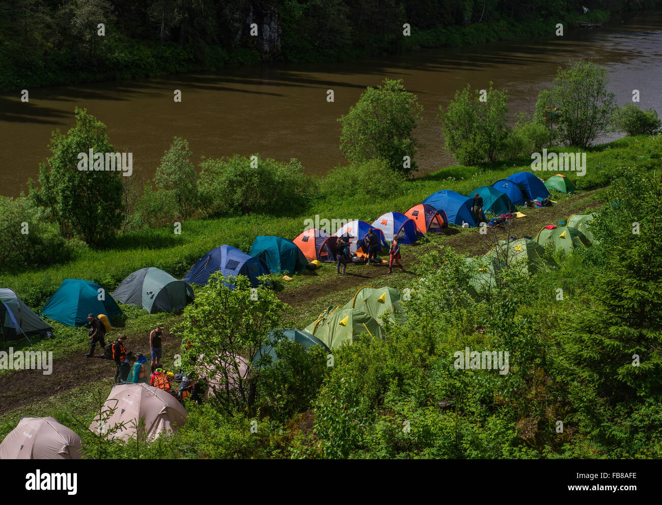 Tourist camp on river Stock Photo