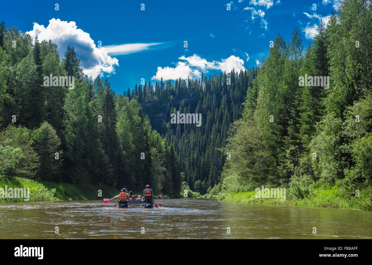 Mountains river and rafts Stock Photo