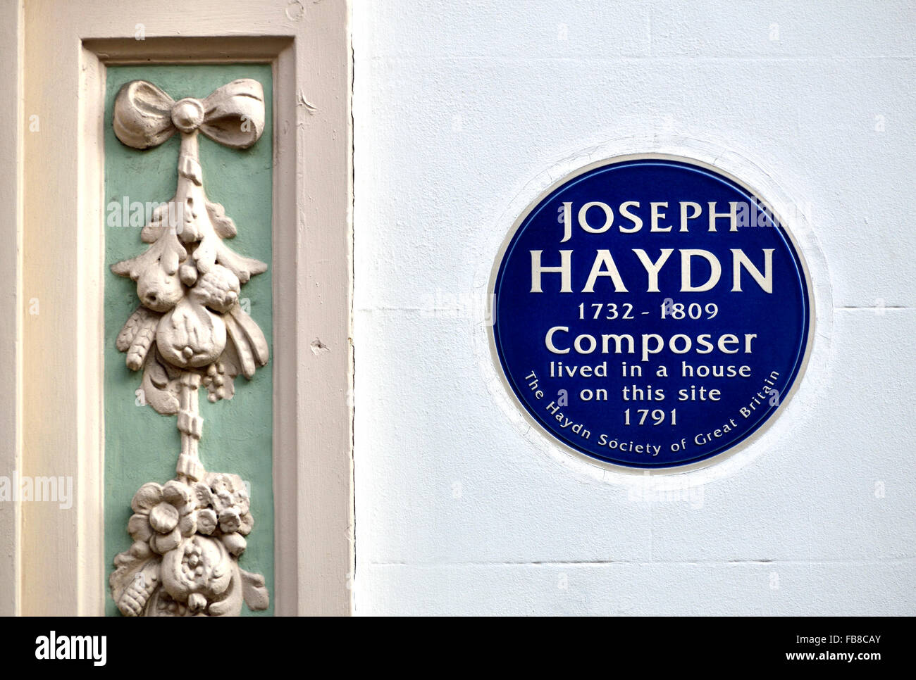 London, England, UK. Commemorative Blue Plaque: Joseph Haydn (1732 - 1809) Composer lived in a house on this site 1791.... Stock Photo