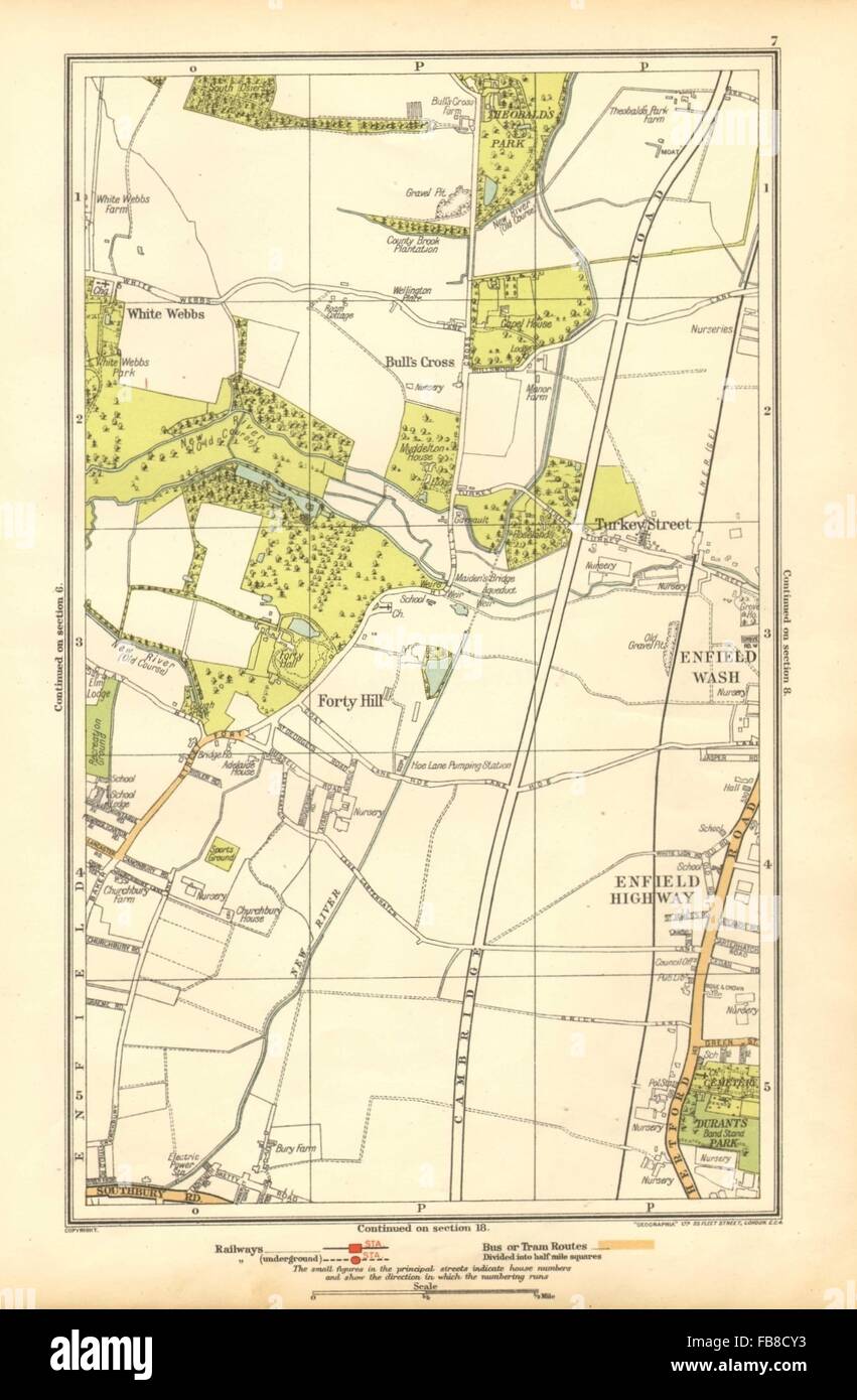 ENFIELD:Bull's Cross,Enfield Wash,Forty Hill,White Webbs,Freezy Water, 1928 map Stock Photo