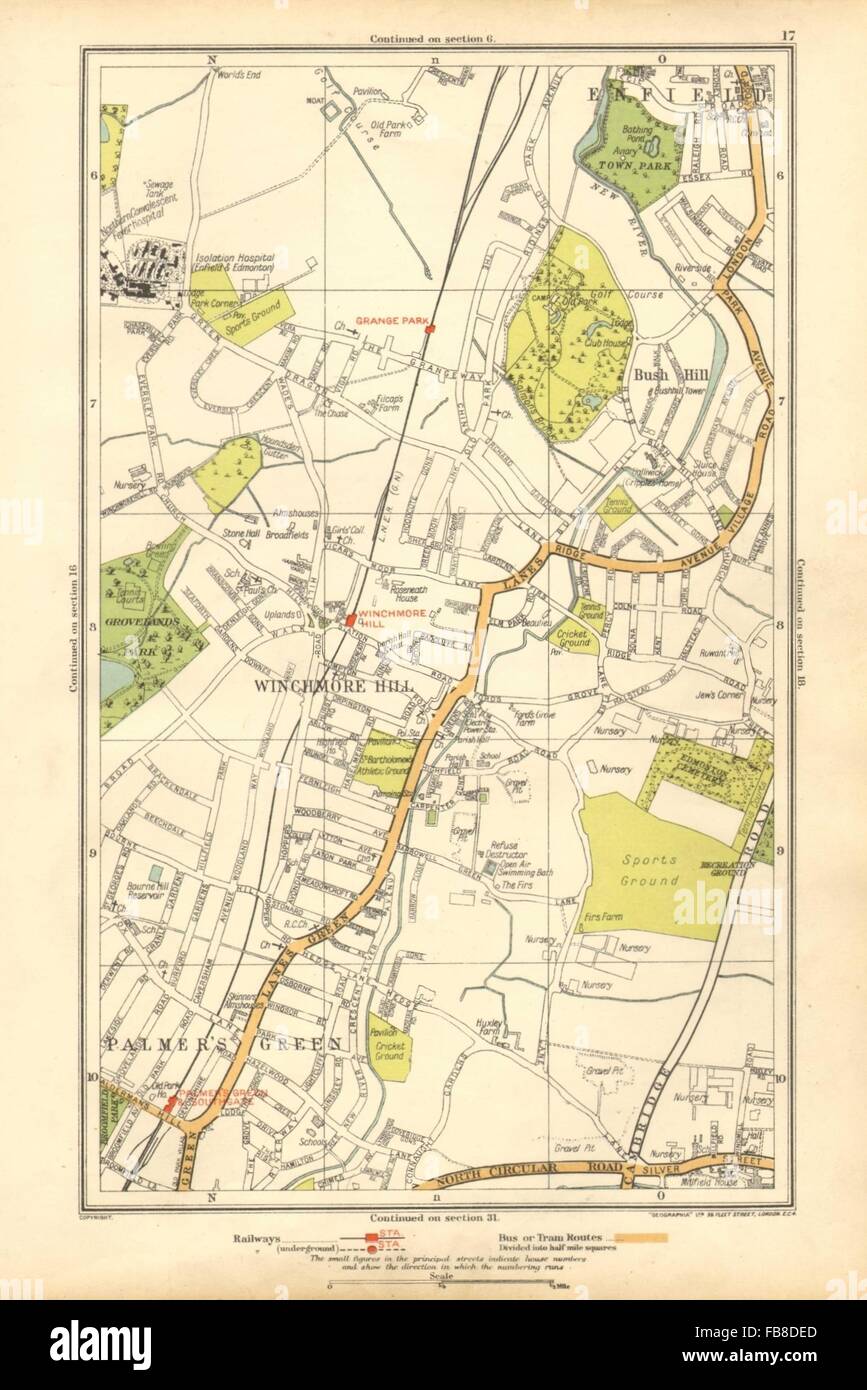 SOUTHGATE Winchmore Hill, Grange Park, Palmers Green, Bush Hill, 1928 old map Stock Photo Alamy