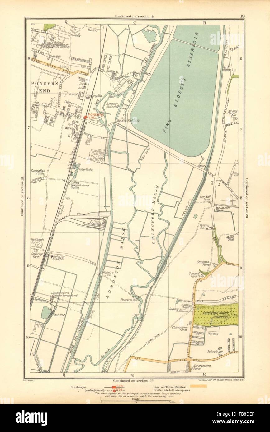 LONDON: Ponders End, Chingford Marsh, Edmonton Marsh, 1928 vintage map Stock Photo