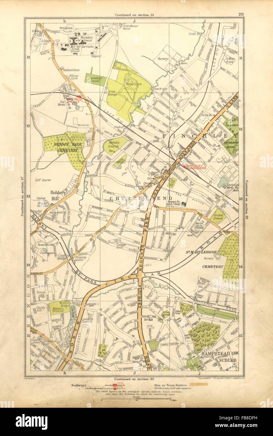FINCHLEY: Church End, Hampstead Garden Suburb, Mill Hill, Hendon, 1928 old map Stock Photo