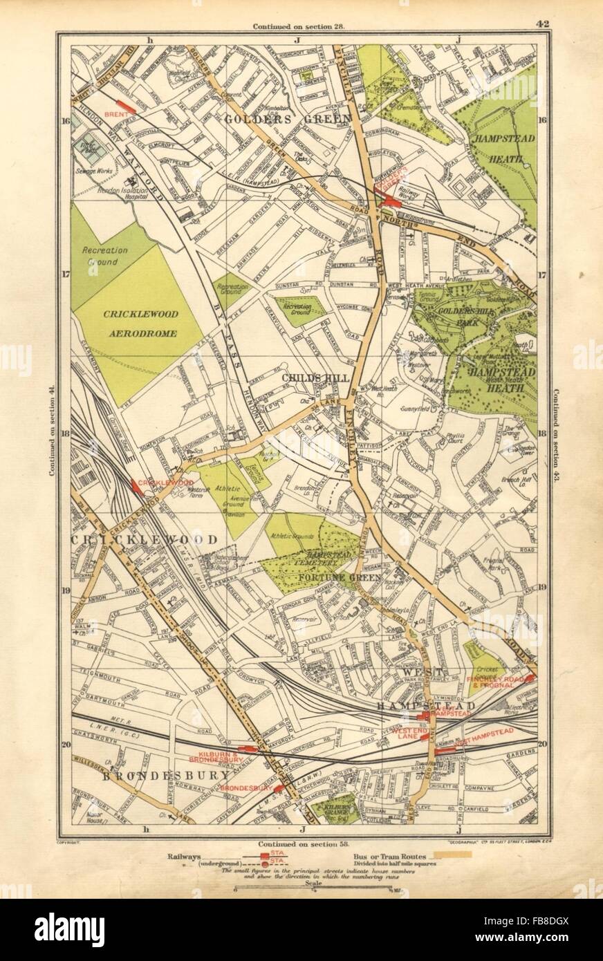 CRICKLEWOOD: Brondesbury,Fortune/Golders Green,Hampstead,Child's Hill, 1928 map Stock Photo