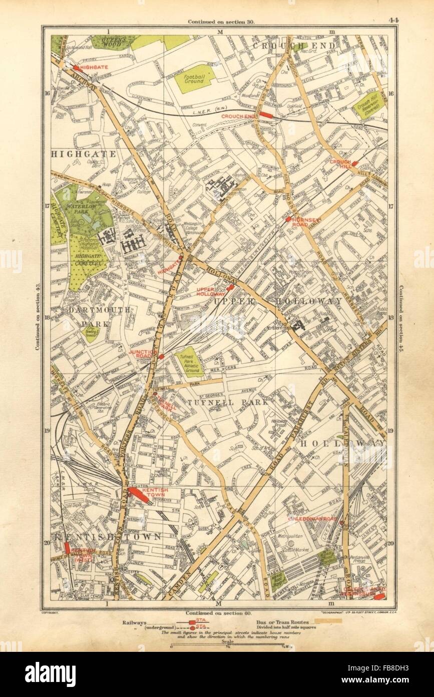 HOLLOWAY:Crouch End,Tufnell Park,Highgate,Kentish Town,Dartmouth Park, 1928 map Stock Photo