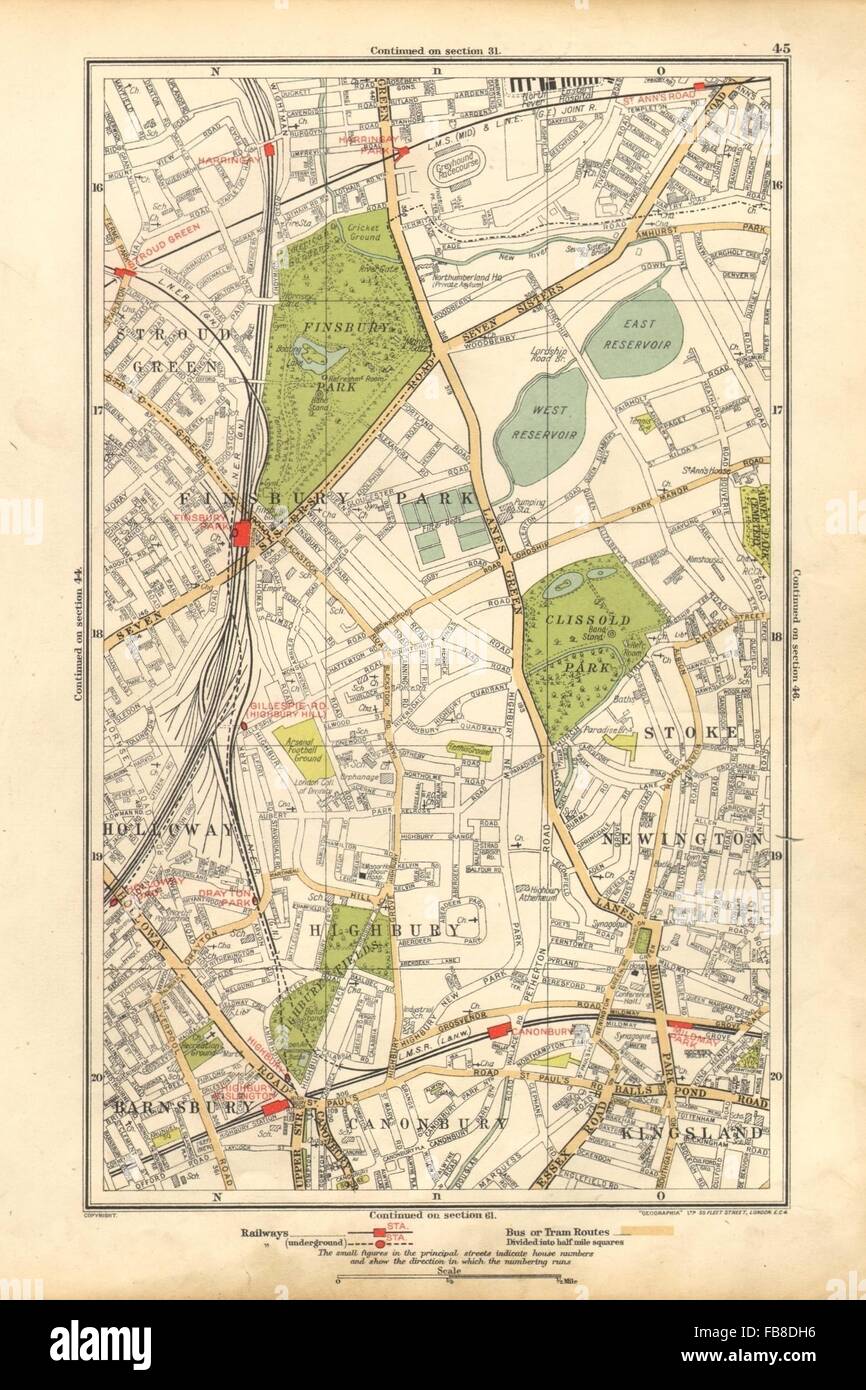 FINSBURY PARK: Barnsbury,Stoke Newington,Canonbury,Holloway,Highbury, 1928 map Stock Photo