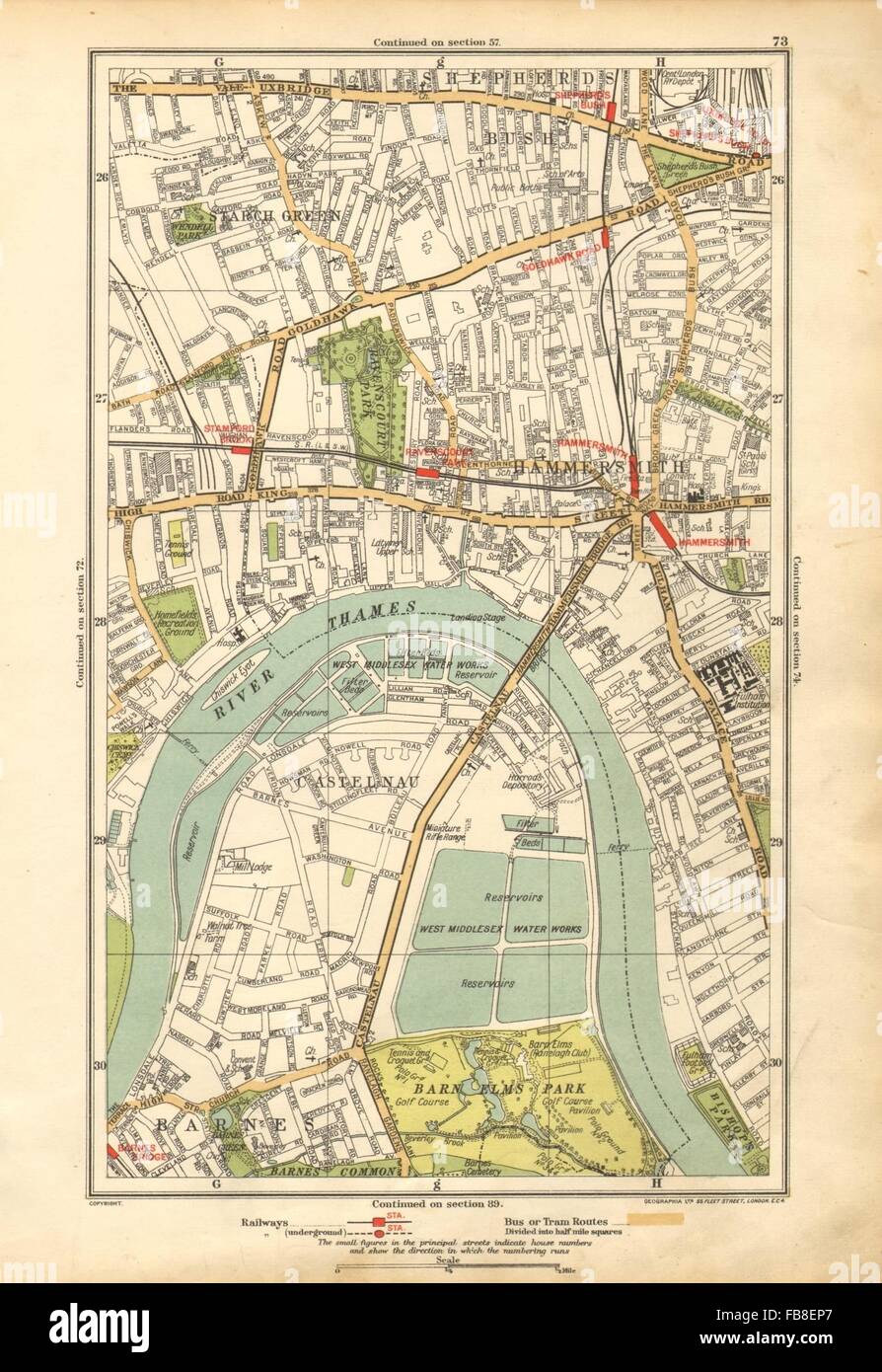 HAMMERSMITH: Barnes, Shepherds Bush, Fulham, Castlenau, Starch Green, 1928 map Stock Photo