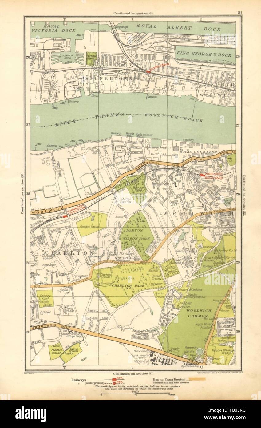 LONDON: Charlton, Greenwich, Silvertown, Woolwich Dockyard, 1928 vintage map Stock Photo