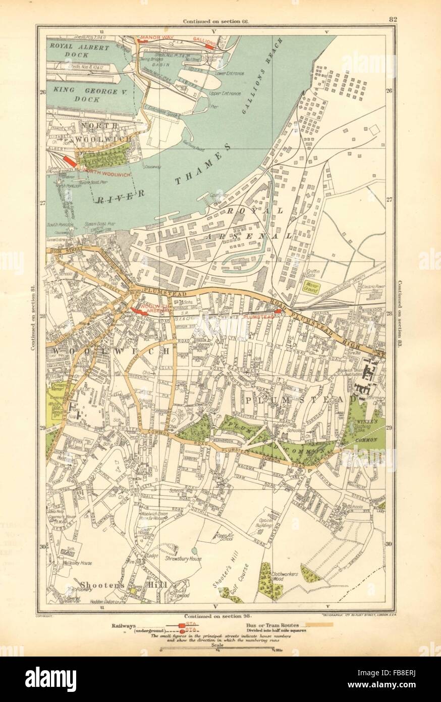 LONDON: North Woolwich,Plumstead,Gallions,Manor Way,Woolwich Arsenal, 1928 map Stock Photo