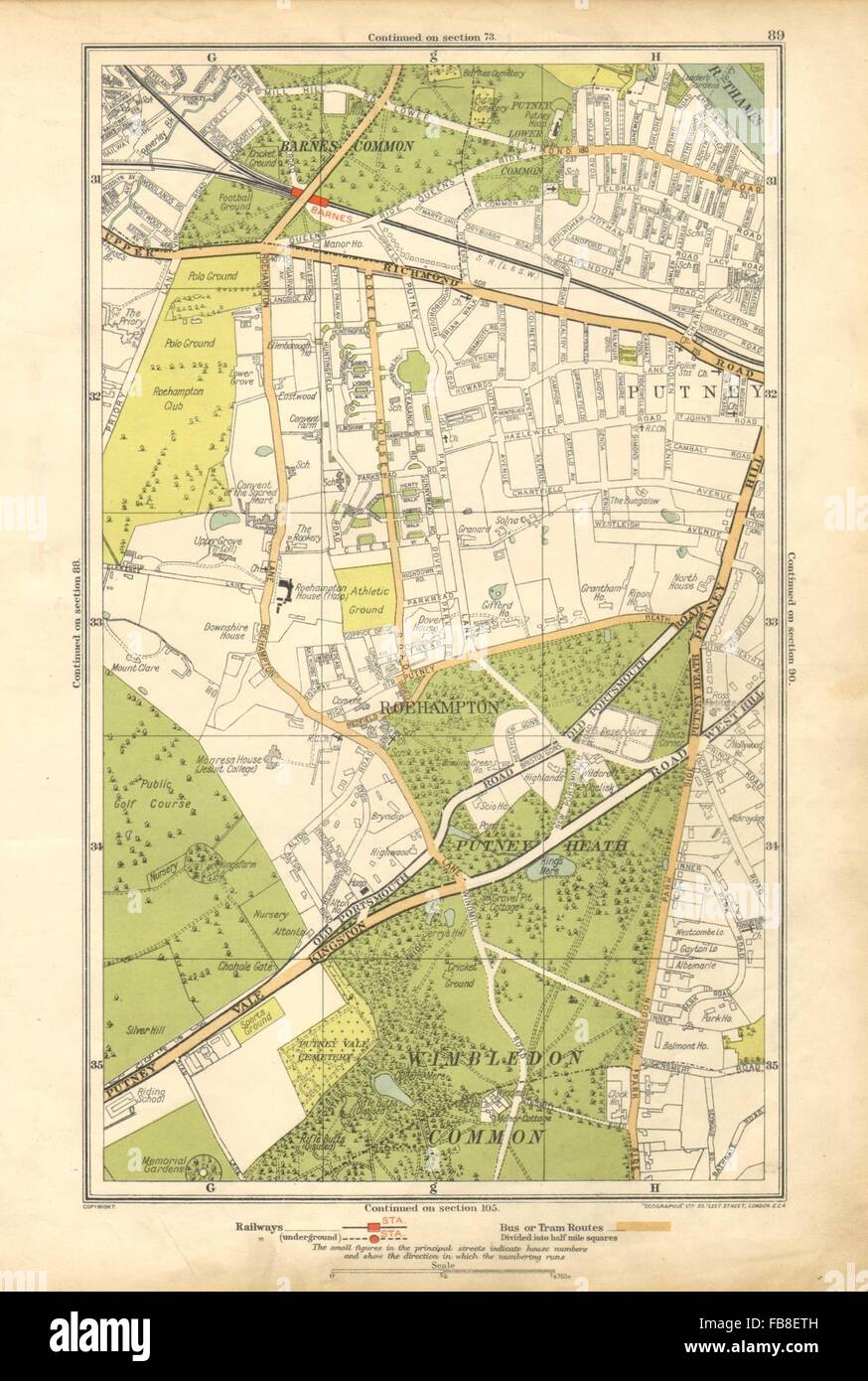 LONDON: Putney Vale,Roehampton,Barnes,Roehampton Park,Barnes Common, 1928 map Stock Photo