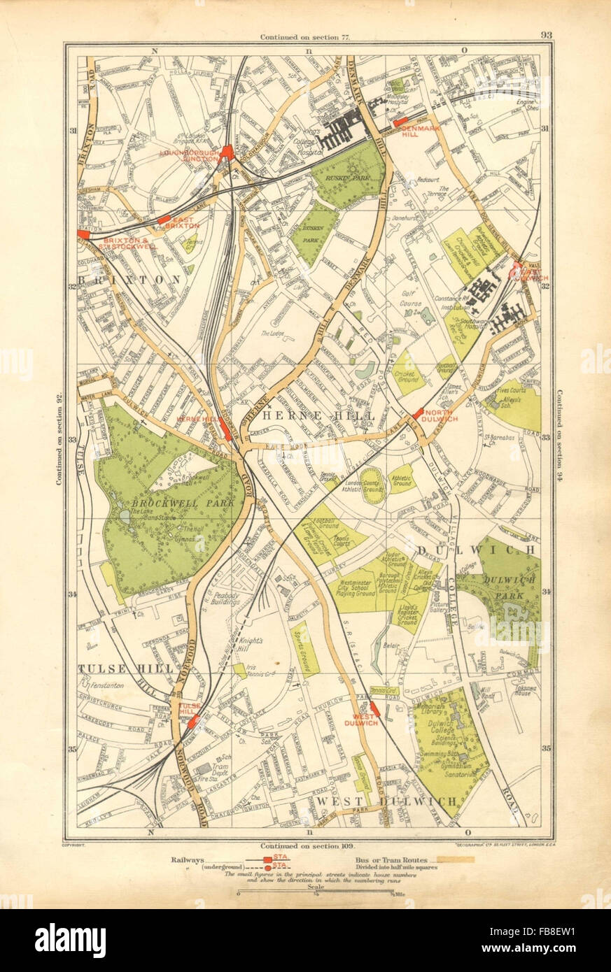 LONDON: Dulwich,Herne Hill,Tulse Hill,Brixton,Stockwell,Denmark Hill, 1928 map Stock Photo