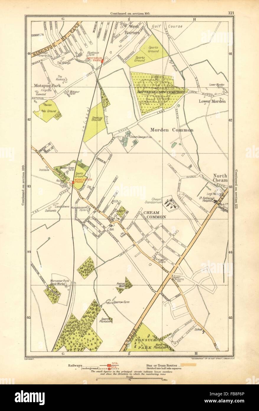 CHEAM: Stoneleigh; Worcester, Morden Common, Motspur Park,West Barnes, 1928 map Stock Photo