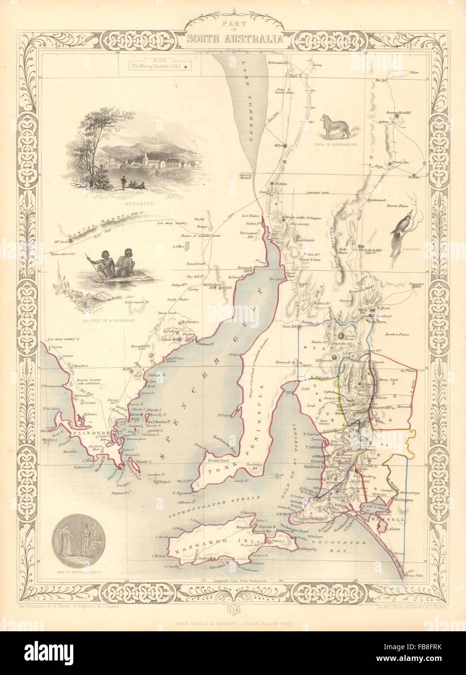 'PART OF SOUTH AUSTRALIA': Shows mining districts. TALLIS/RAPKIN, 1851 map Stock Photo