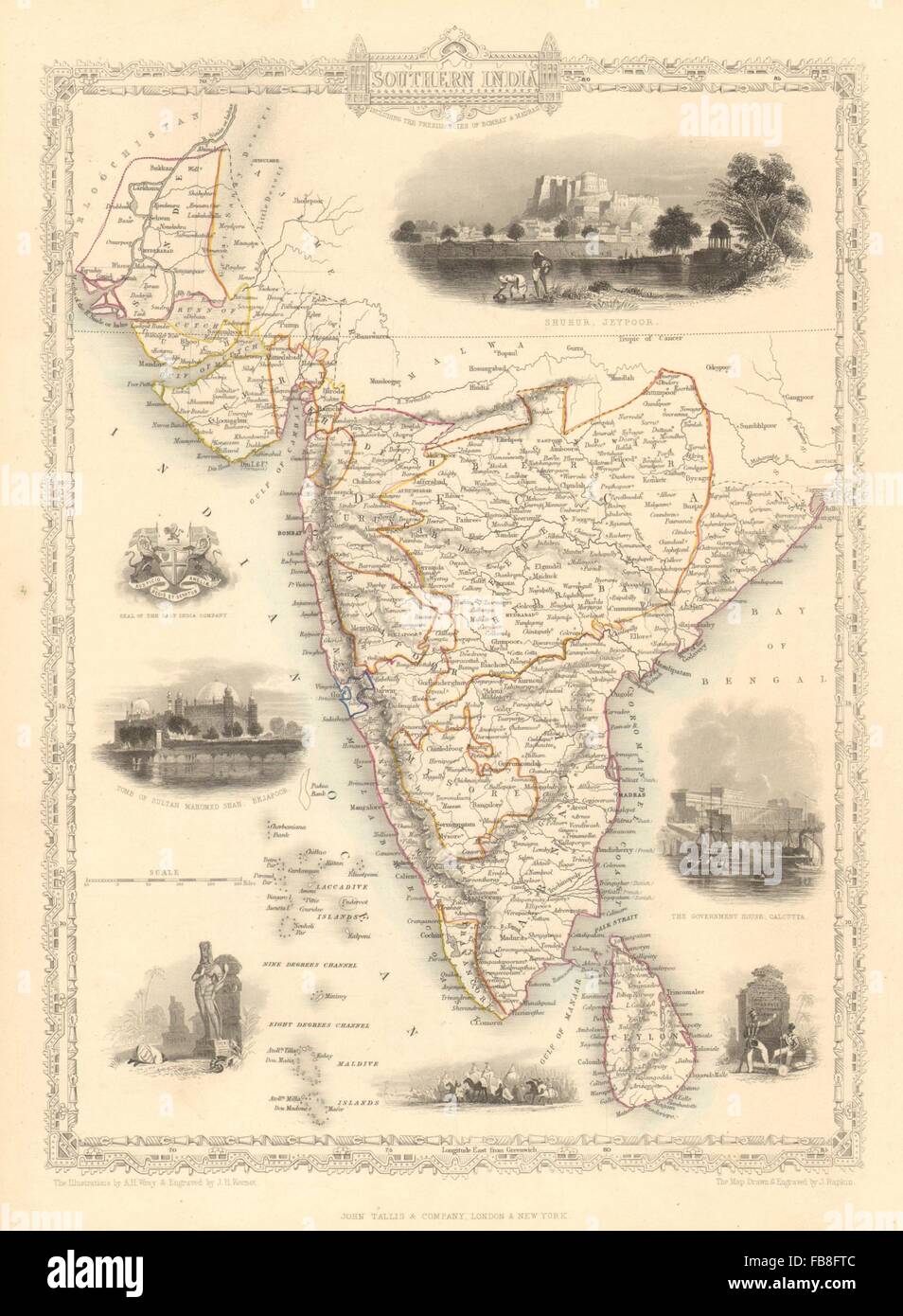 SOUTHERN INDIA: Amber Fort, Jaipur & Gol Gumbaz, Bijapur.TALLIS/RAPKIN, 1851 map Stock Photo