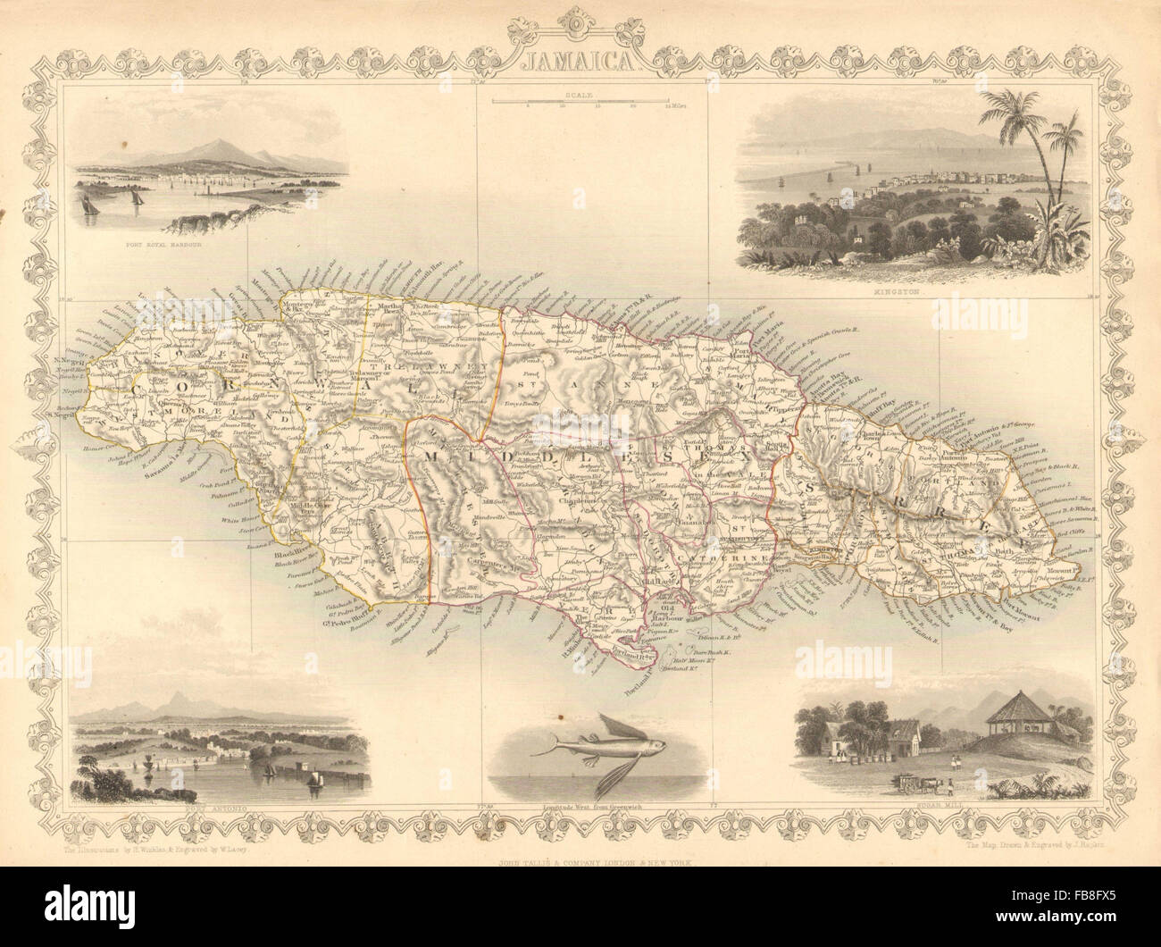 JAMAICA: Counties/parishes. Sugar Mill & Kingston views. TALLIS/RAPKIN, 1851 map Stock Photo