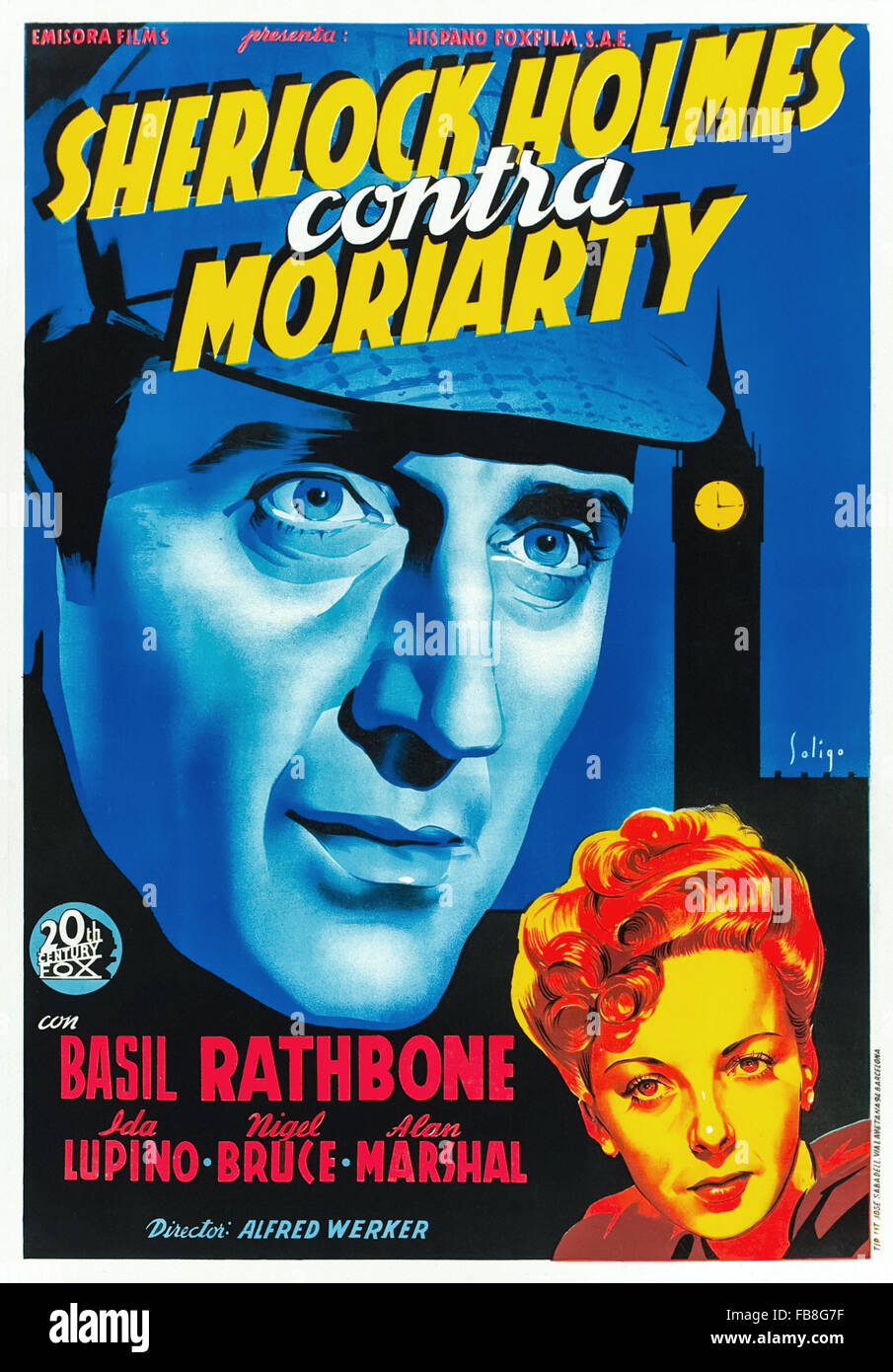 'The Adventures Of Sherlock Holmes' (1939) Spanish film poster. Professor Moriarity plans to steal the crown jewels. Directed by Alfred Werker and starring Basil Rathbone, Nigel Bruce and Ida Lupino. See description for more information Stock Photo