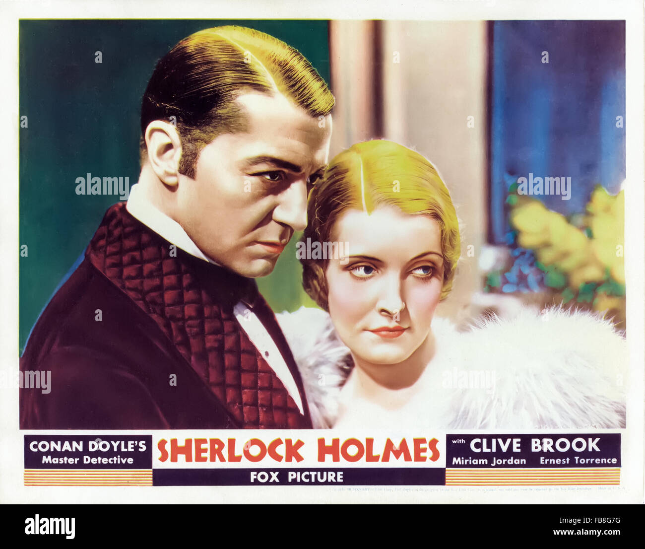 Still from 'Sherlock Holmes' 1932 film directed by William K. Howard and starring Clive Brook (Holmes) and Miriam Jordan (Alice Faulkner). Photograph of original lobby card. Stock Photo