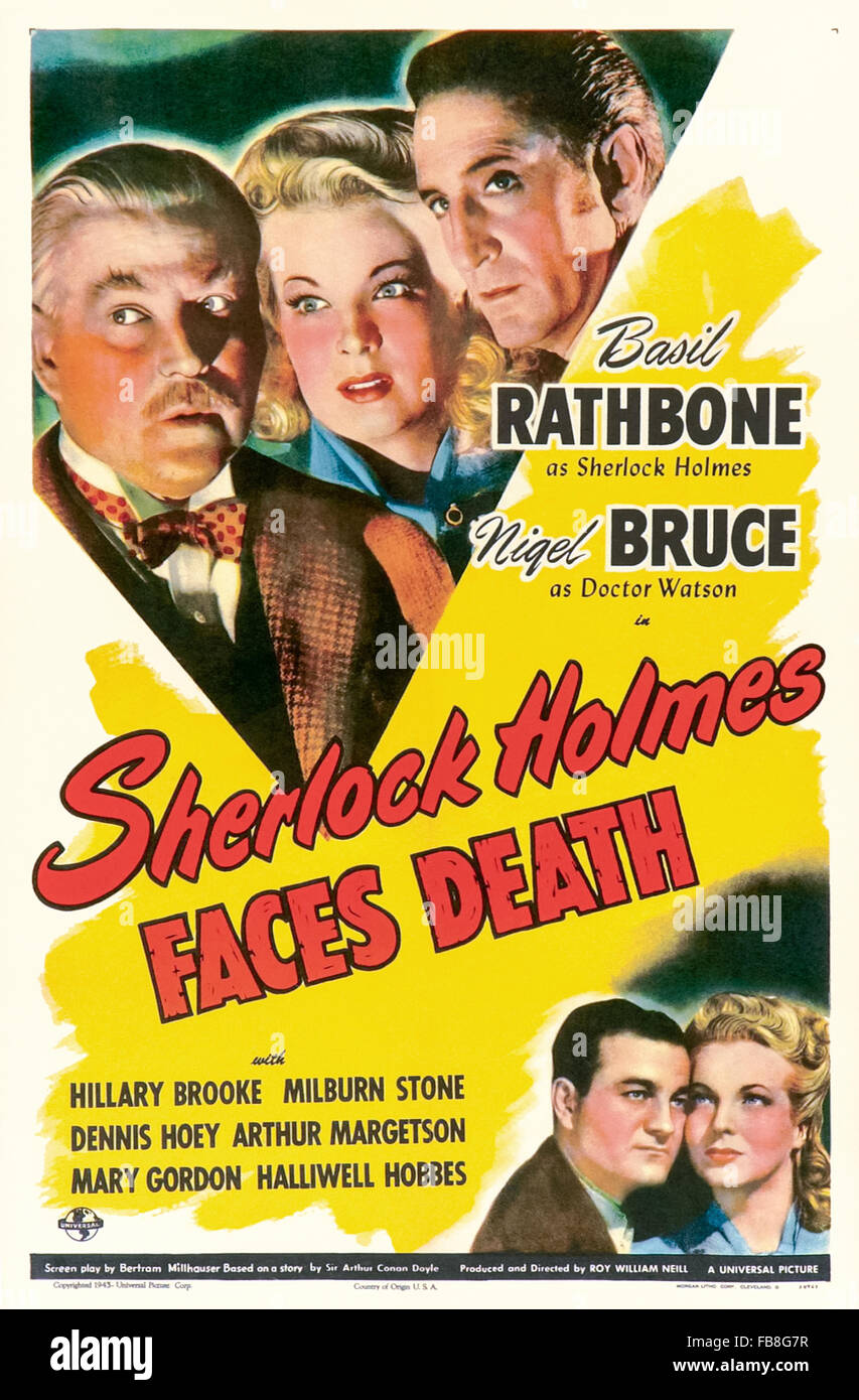 Poster for 'Sherlock Holmes Faces Death' 1943 Sherlock Holmes film directed by Roy William Neill and starring Basil Rathbone (Holmes); Nigel Bruce (Watson) and Dennis Hoey (Inspector Lestrade). See description for more information. Stock Photo