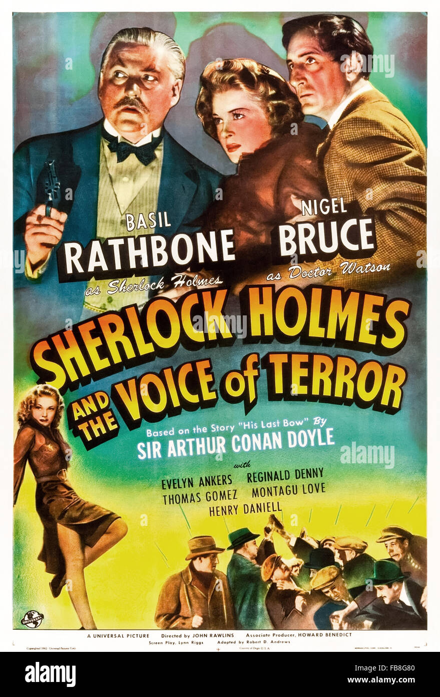 Poster for 'Sherlock Holmes and the Voice of Terror' 1942 film directed by John Rawlins and starring Basil Rathbone (Holmes); Nigel Bruce (Watson) and Evelyn Ankers (Kitty). See description for more information. Stock Photo