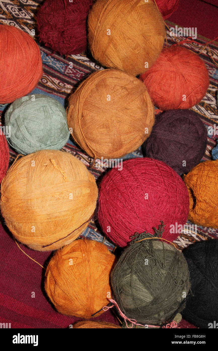 Natural Dyed Alpaca and Llama Wool Yarns, Sacred Valley Of The Incas, Peru Stock Photo