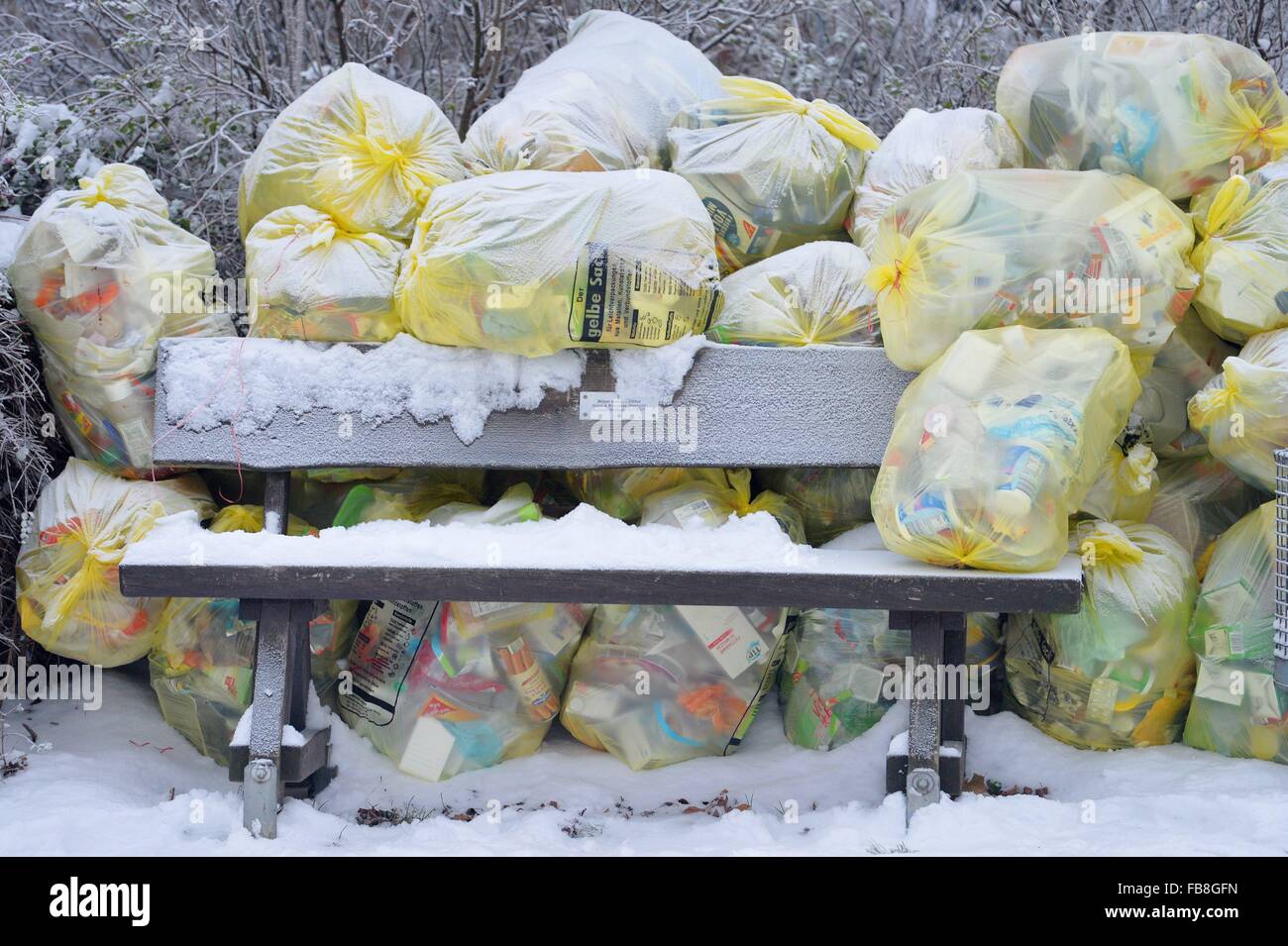 Plastics, cans and polystyrene are collected in 'Gelbe Sack' yellow plastic bags in Germany, Germany, 07. January 2016. Photo: Frank May Stock Photo