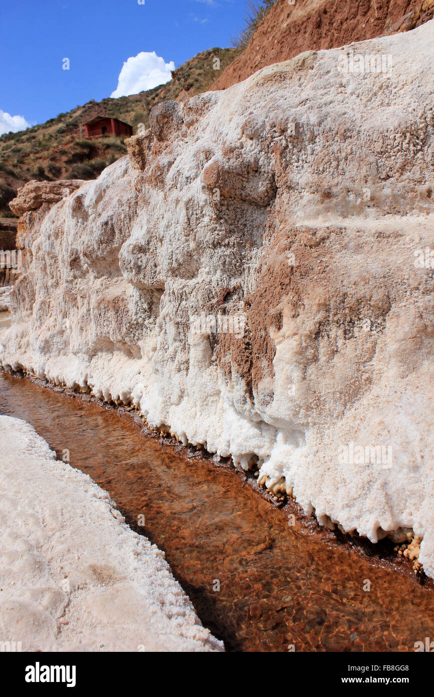 Hypersaline spring that feeds a complex network of nearly 3,000 salt pans at Salinas de Maras, Cusco Region, Peru Stock Photo