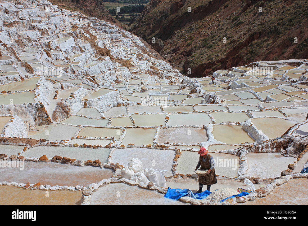 Salinas de Maras salt evaporation ponds along the slopes of Qaqawiñay mountain, in the Urumbamba Valley, Cusco Region, Peru Stock Photo